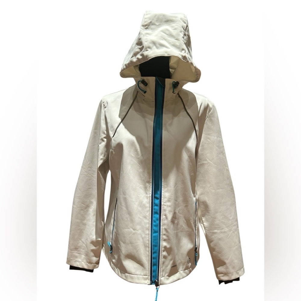 Free Country White Hooded Softshell Jacket Blue Zip Lightweight Rain Coat Medium